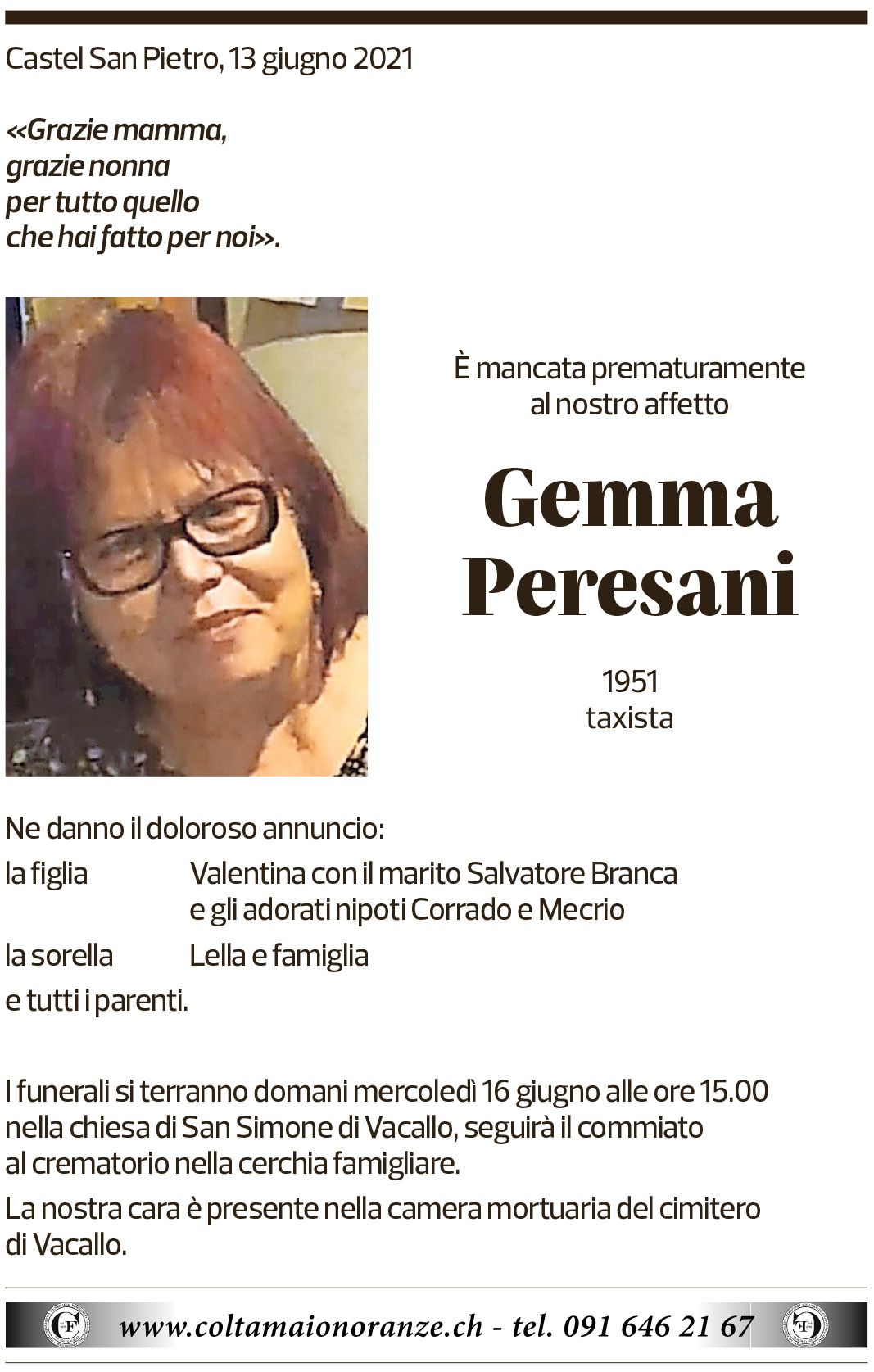 Annuncio funebre Gemma Peresani