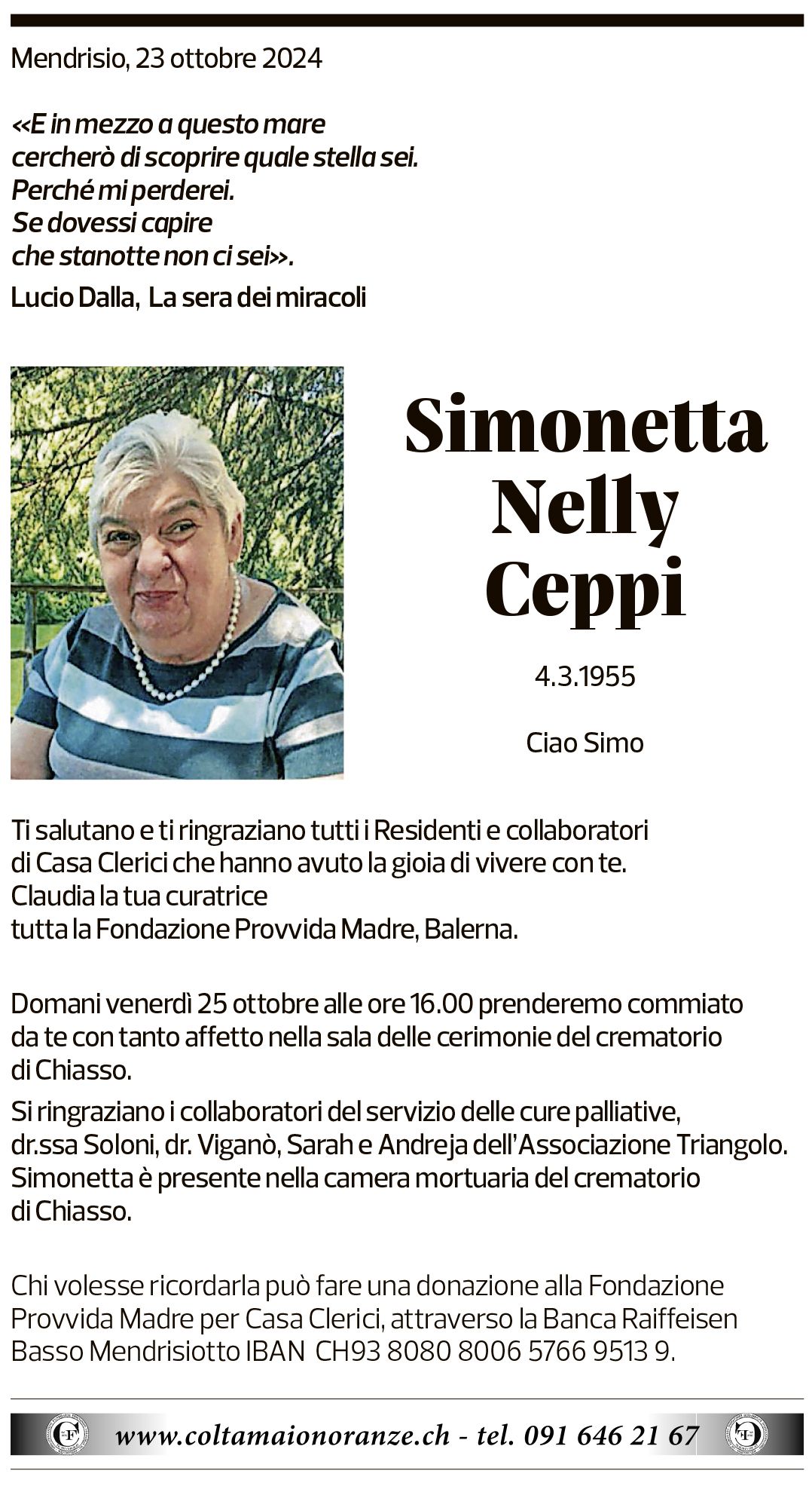 Annuncio funebre Simonetta Nelly Ceppi