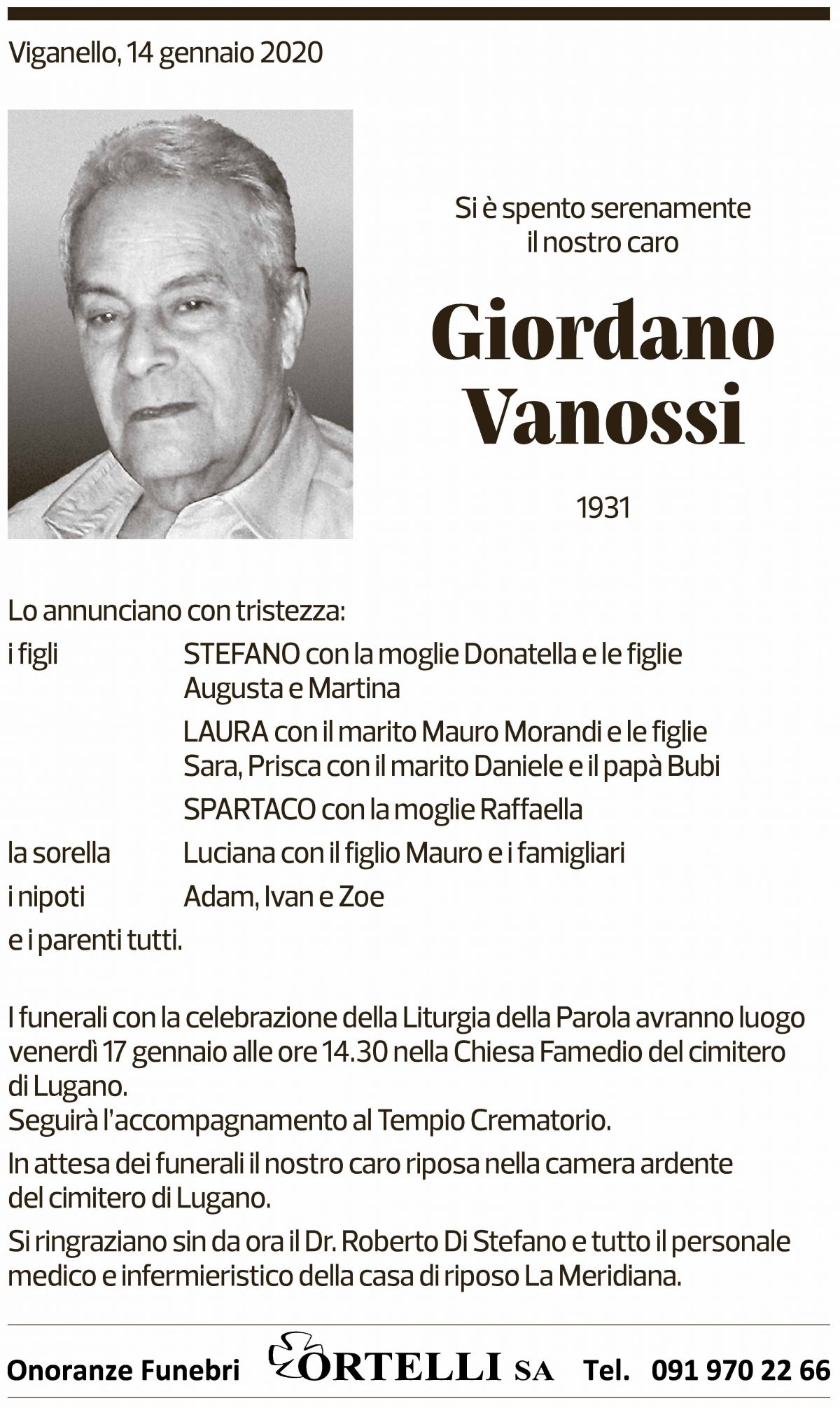 Annuncio funebre Giordano Vanossi