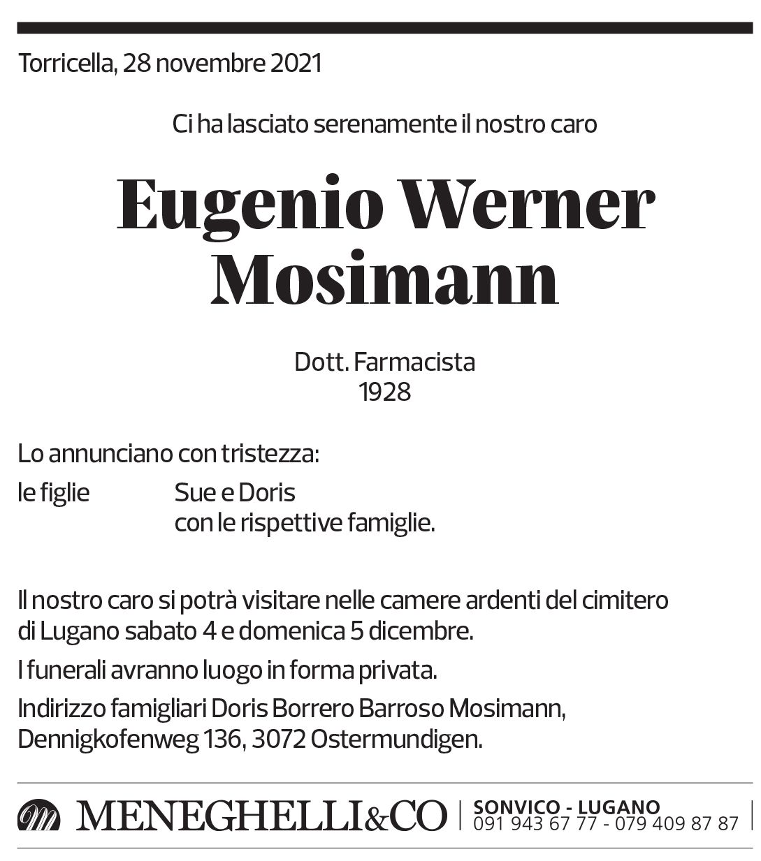 Annuncio funebre Eugenio Werner Mosimann