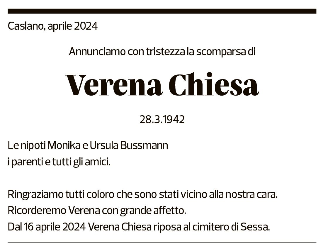 Annuncio funebre Verena Chiesa