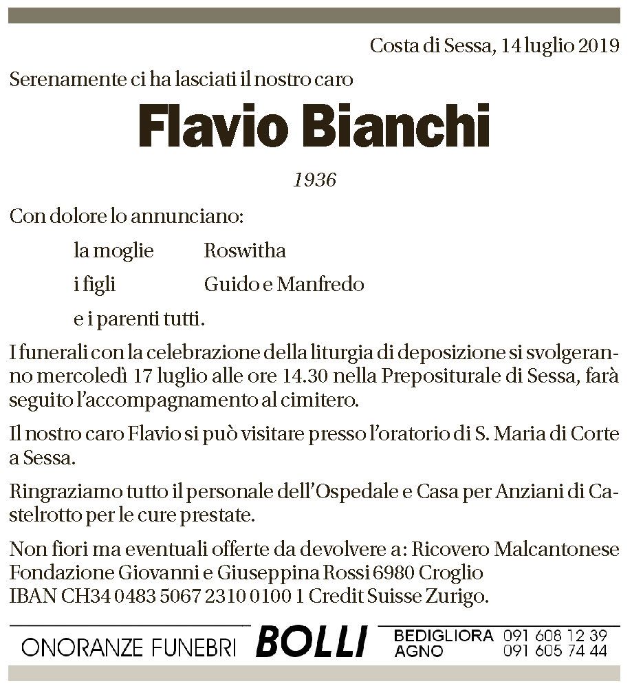 Annuncio funebre Flavio Bianchi