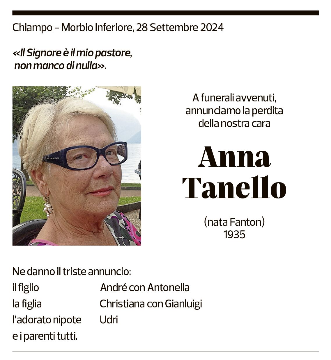 Annuncio funebre Anna Tanello