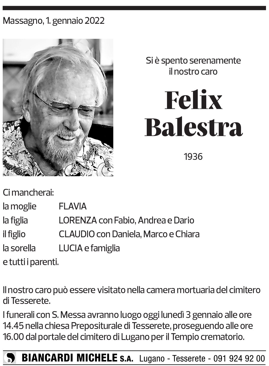 Annuncio funebre Felix Balestra