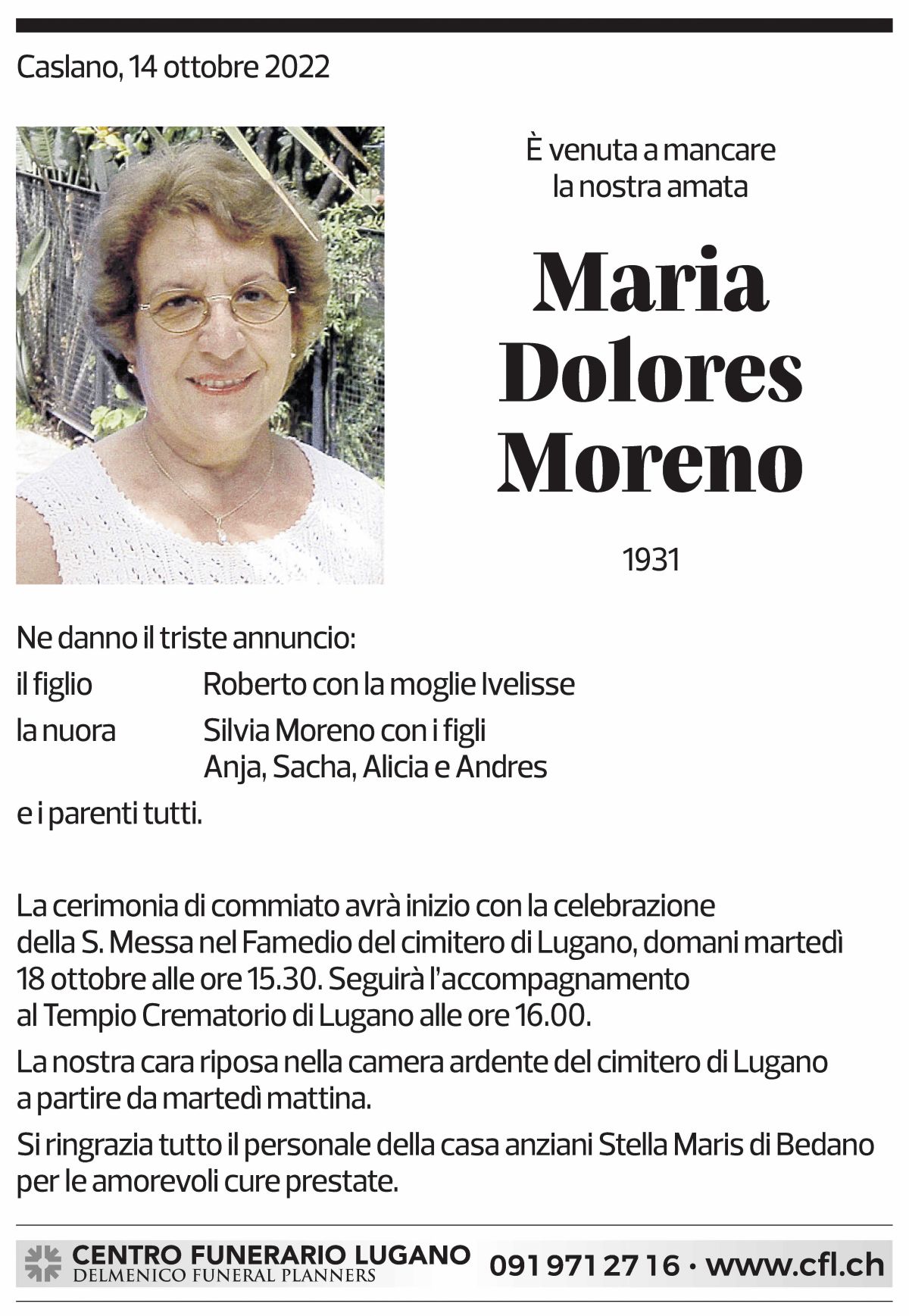 Annuncio funebre Maria Dolores Moreno