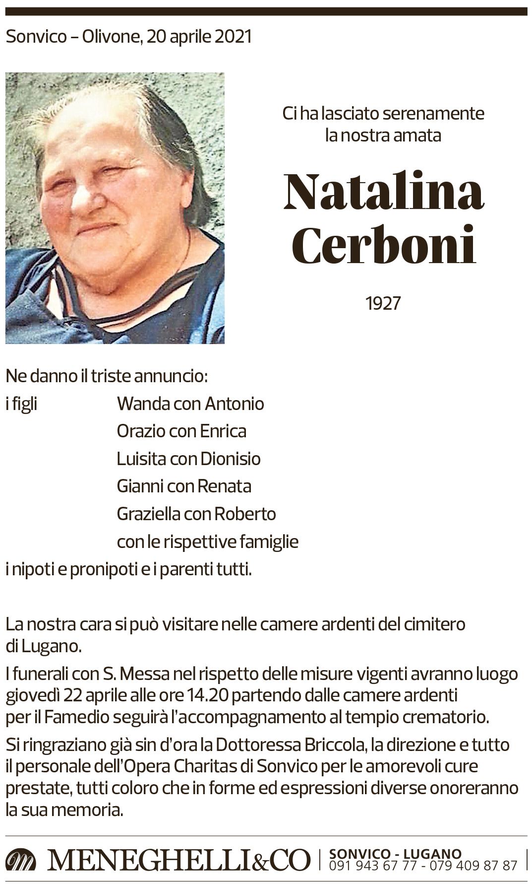 Annuncio funebre Natalina Cerboni