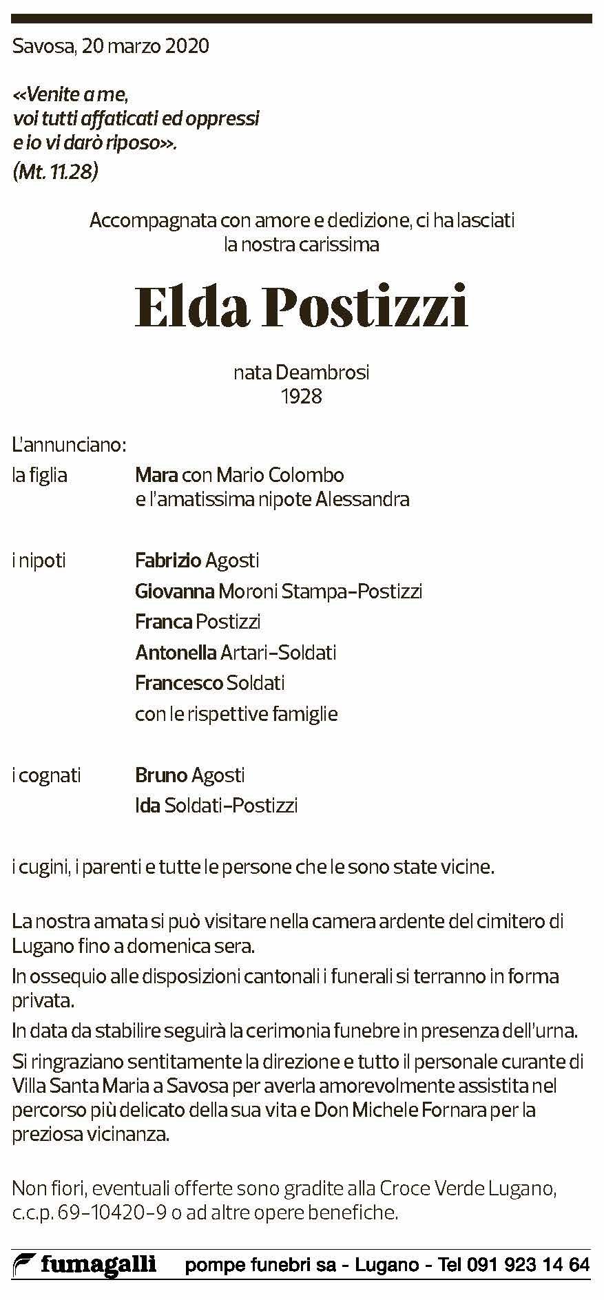 Annuncio funebre Elda Postizzi