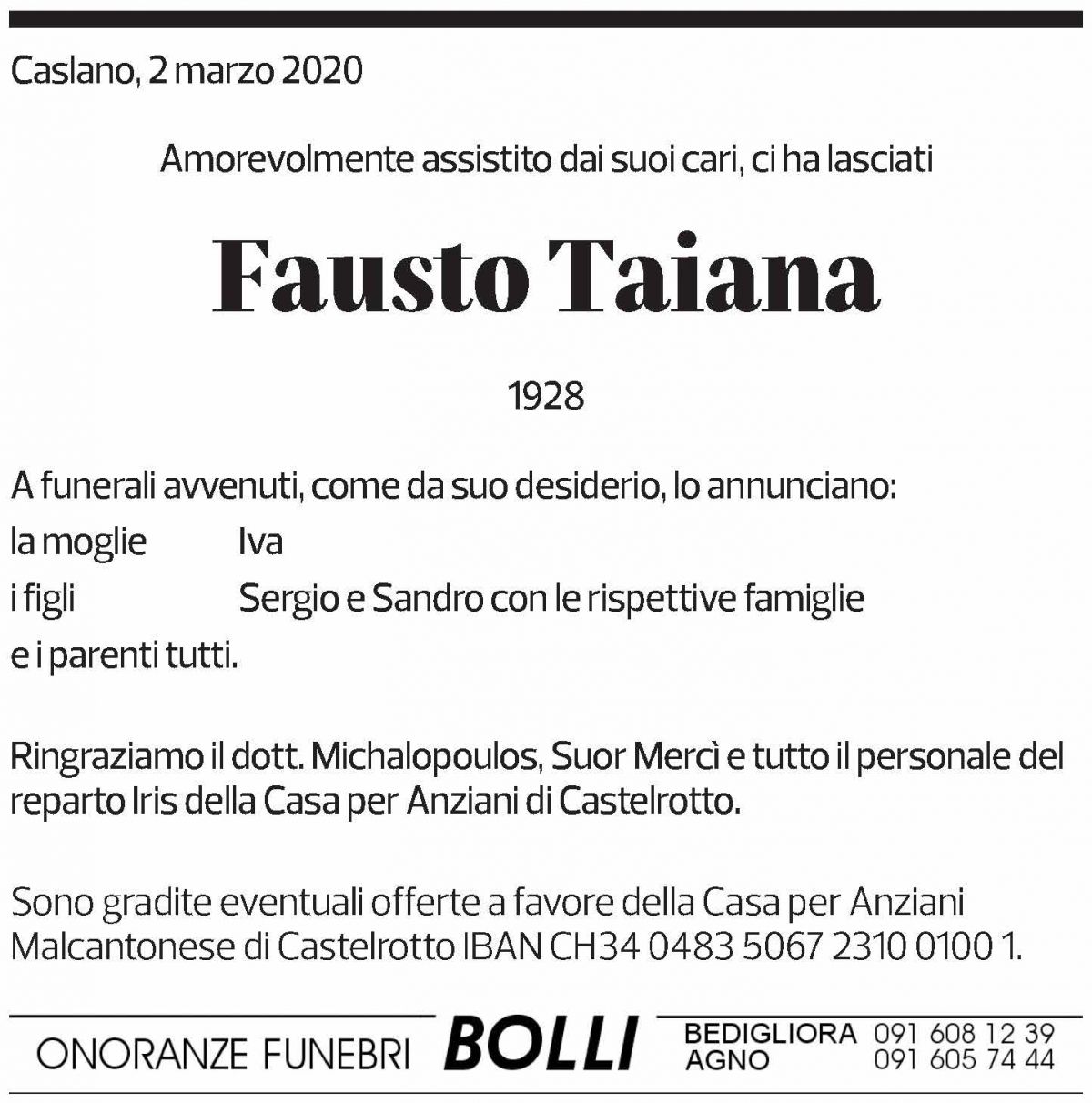 Annuncio funebre Fausto Taiana