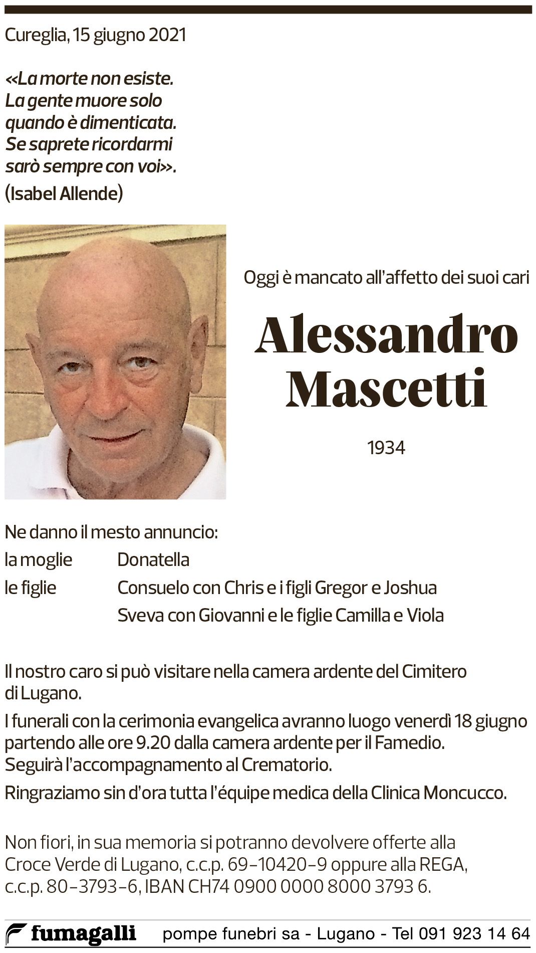 Annuncio funebre Alessandro Mascetti