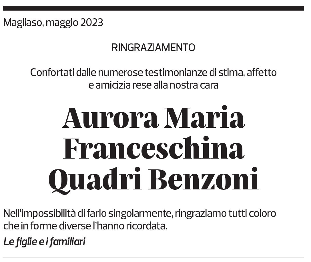 Annuncio funebre Aurora Maria Franceschina Quadri Benzoni