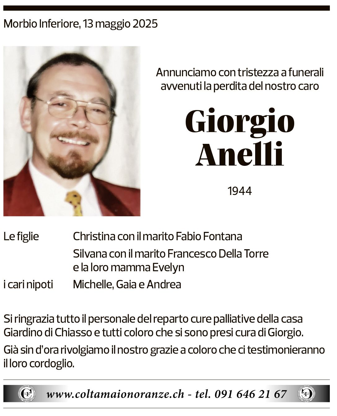 Annuncio funebre Giorgio Anelli