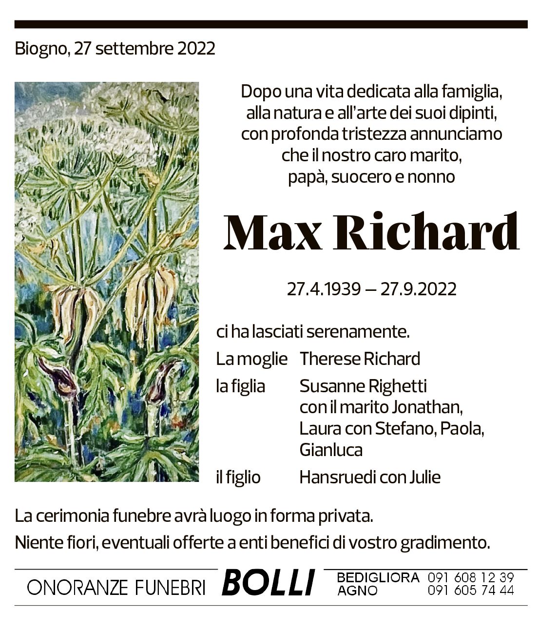 Annuncio funebre Max Richard