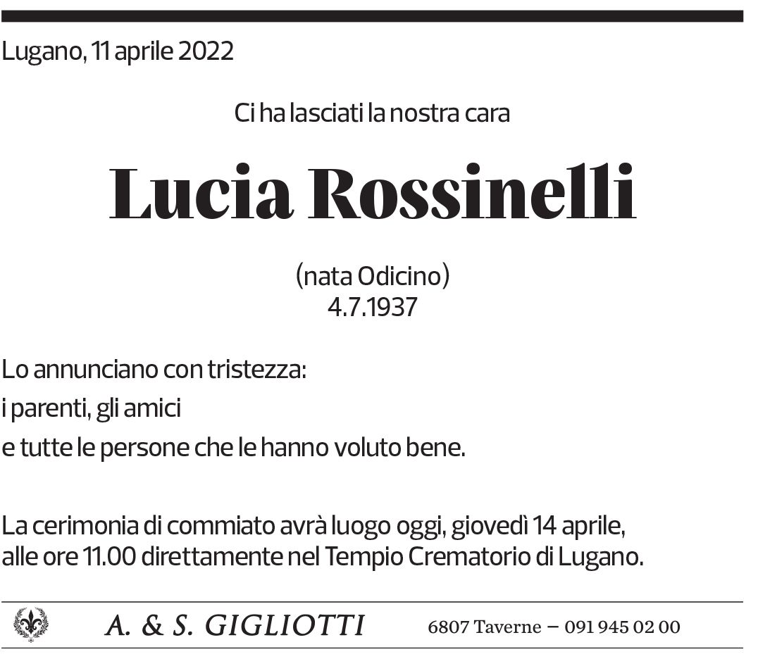 Annuncio funebre Lucia Rossinelli