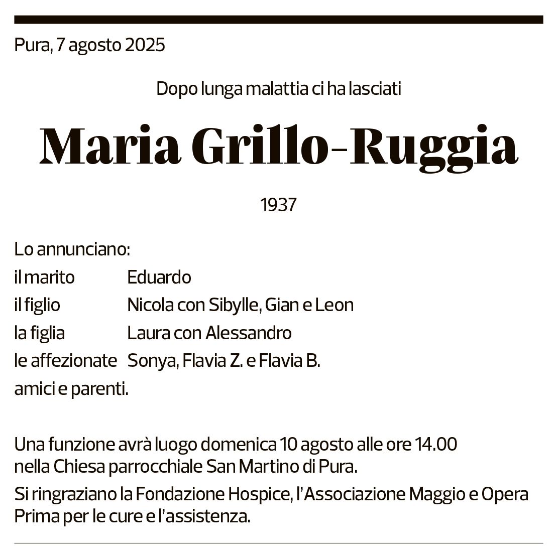 Annuncio funebre Maria Grillo-ruggia