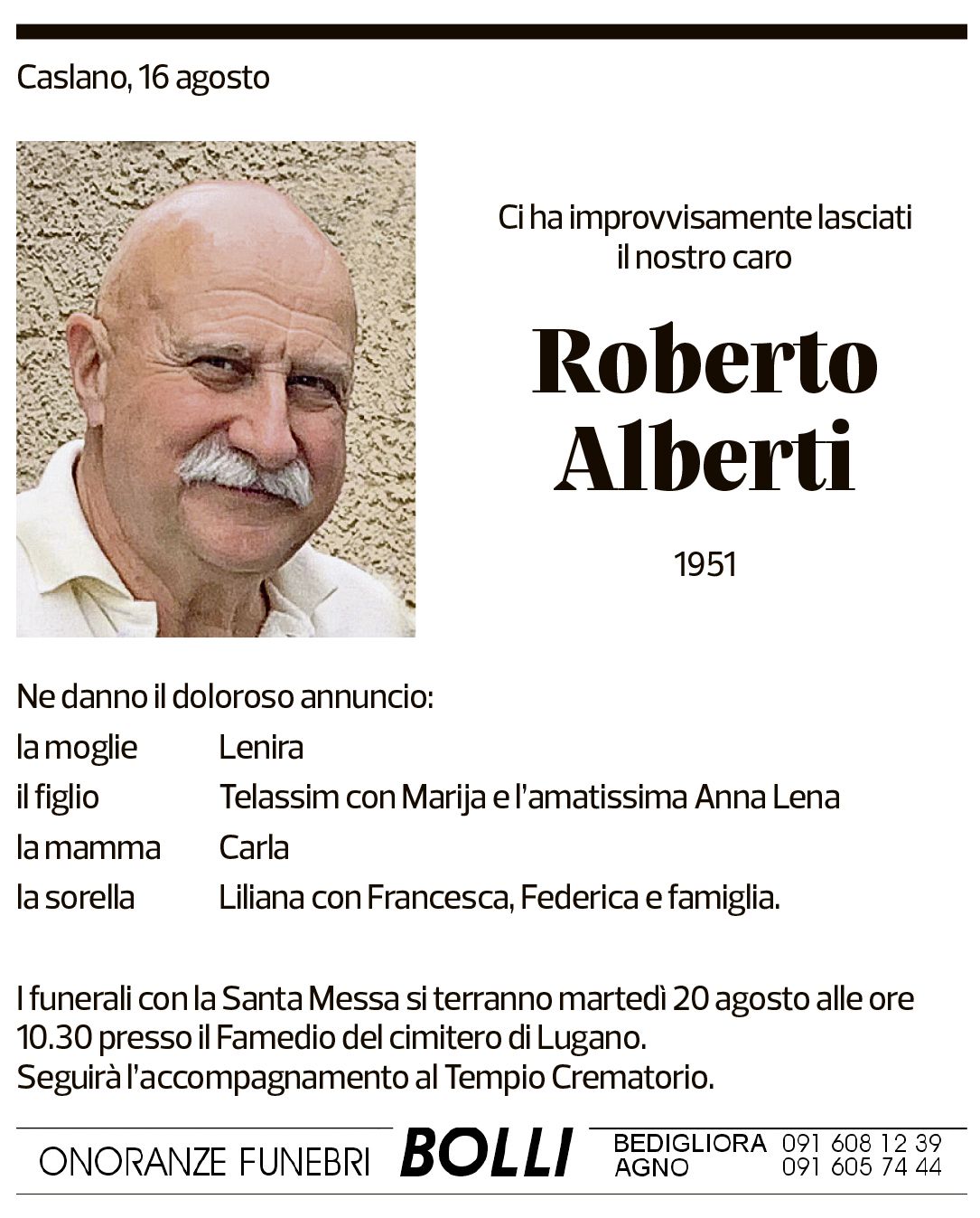 Annuncio funebre Roberto Alberti