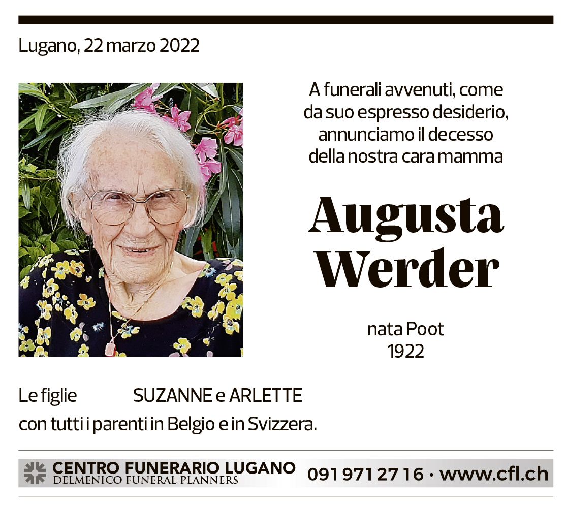 Annuncio funebre Augusta Werder