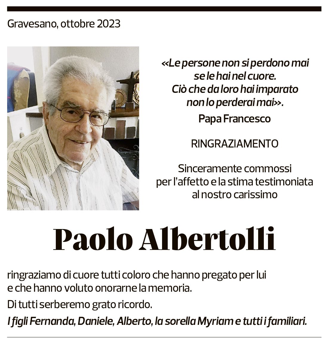 Annuncio funebre Paolo Albertolli