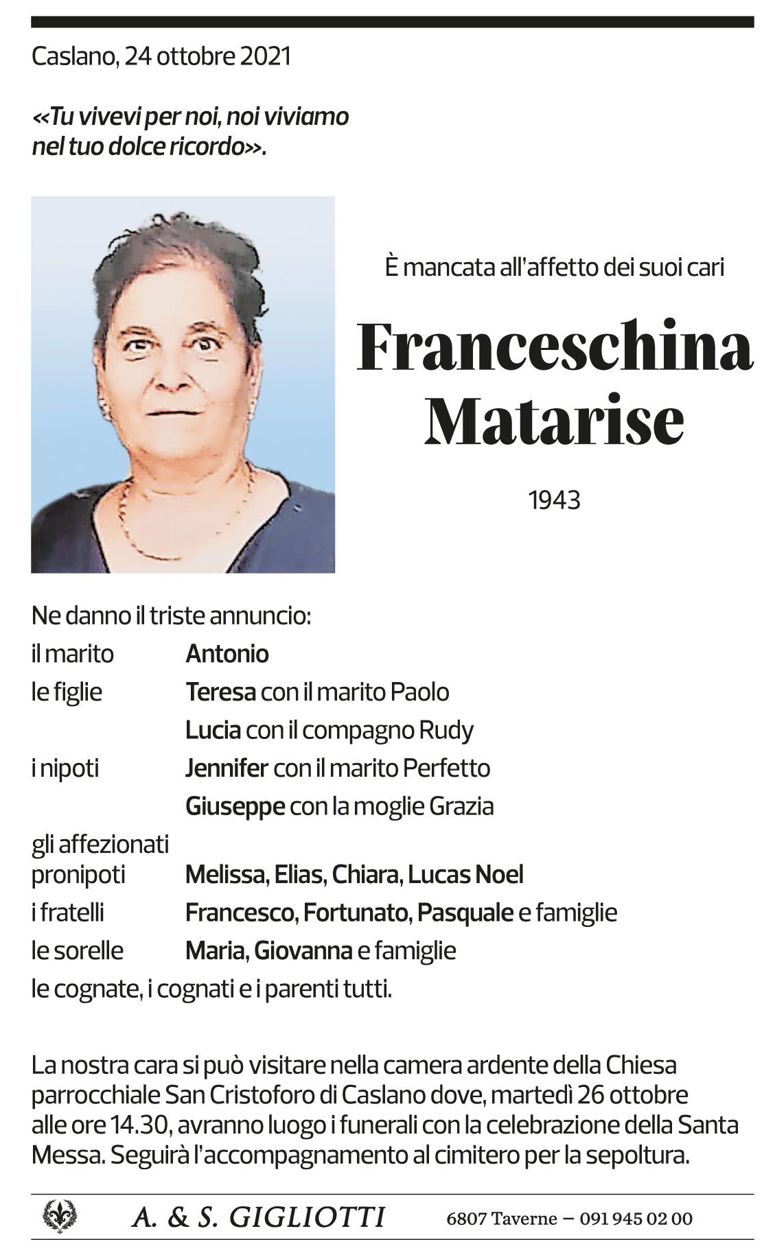 Annuncio funebre Franceschina Matarise