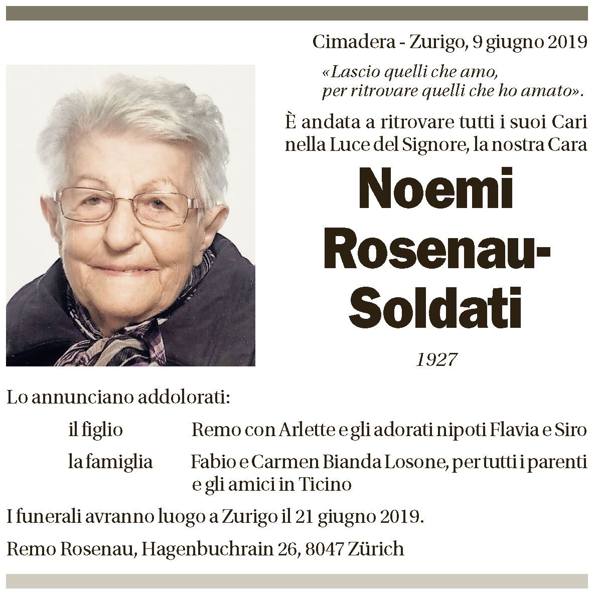 Annuncio funebre Noemi Rosenau-soldati