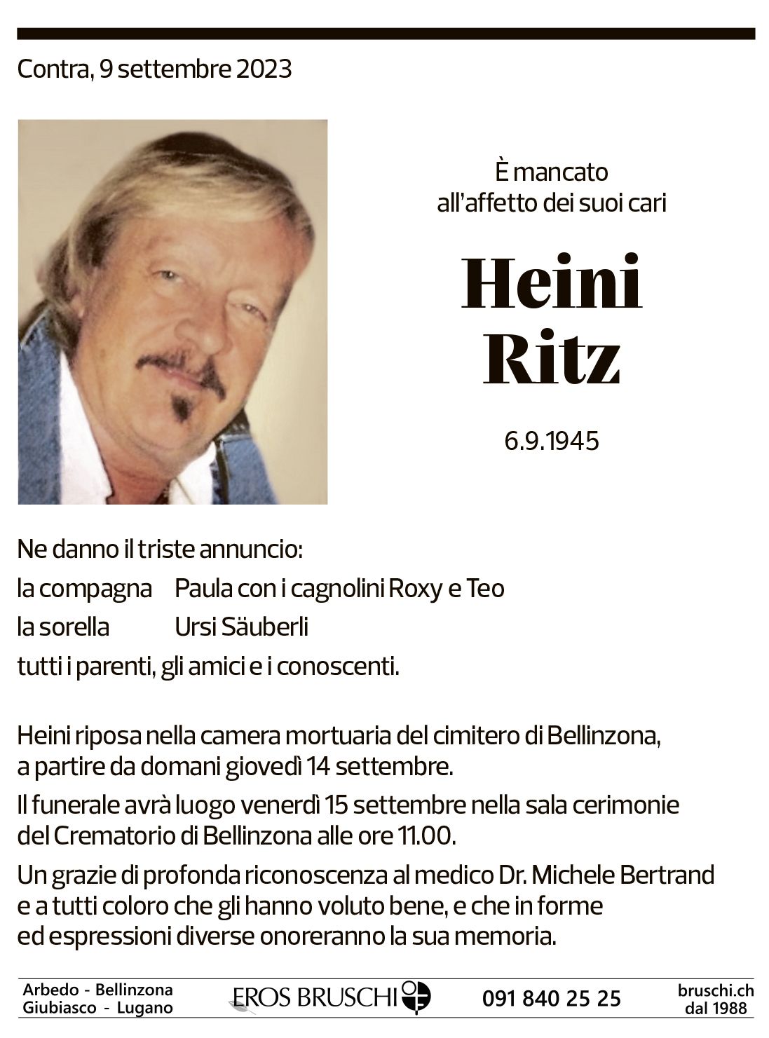 Annuncio funebre Heini Ritz