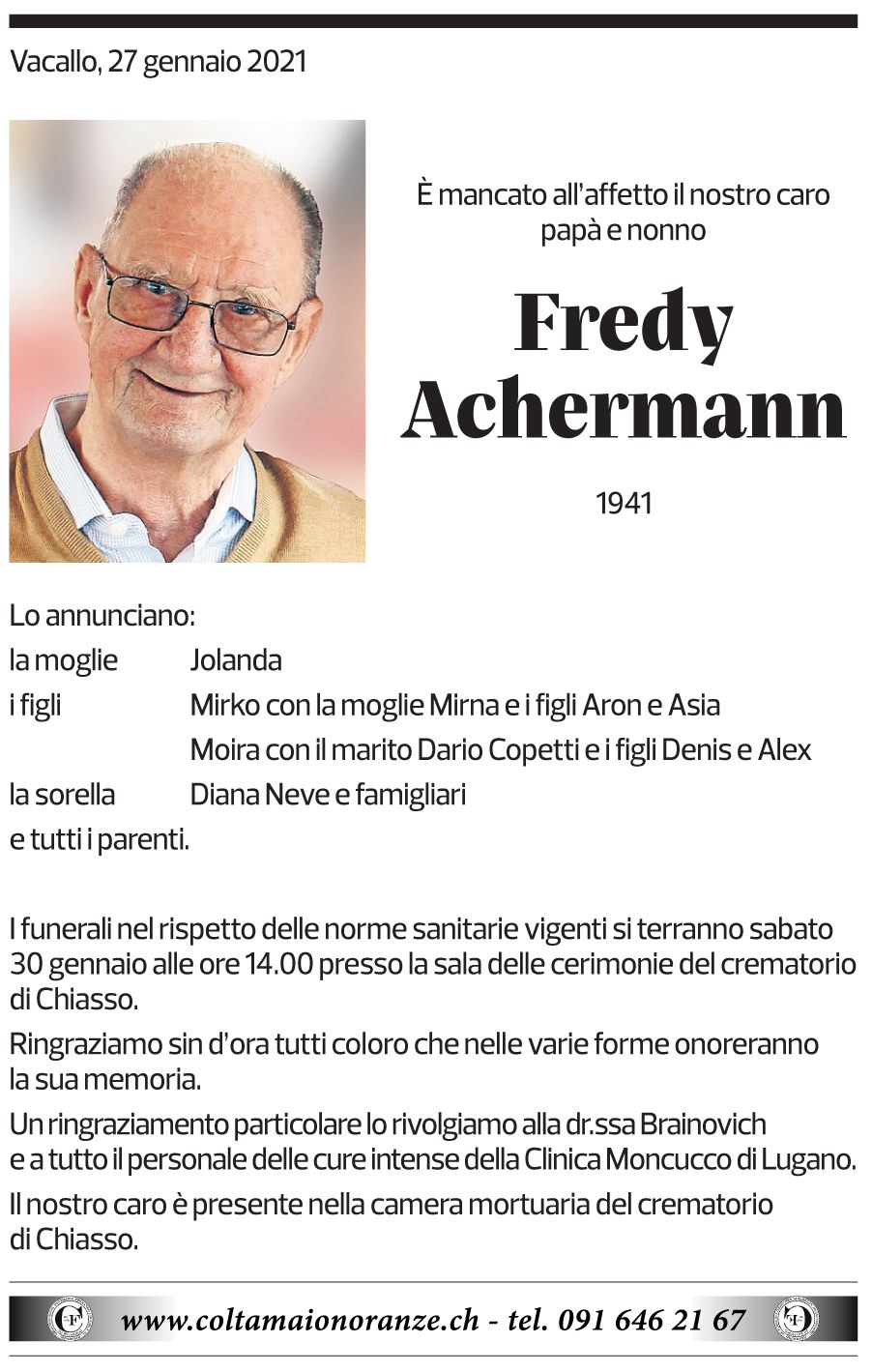 Annuncio funebre Fredy Achermann