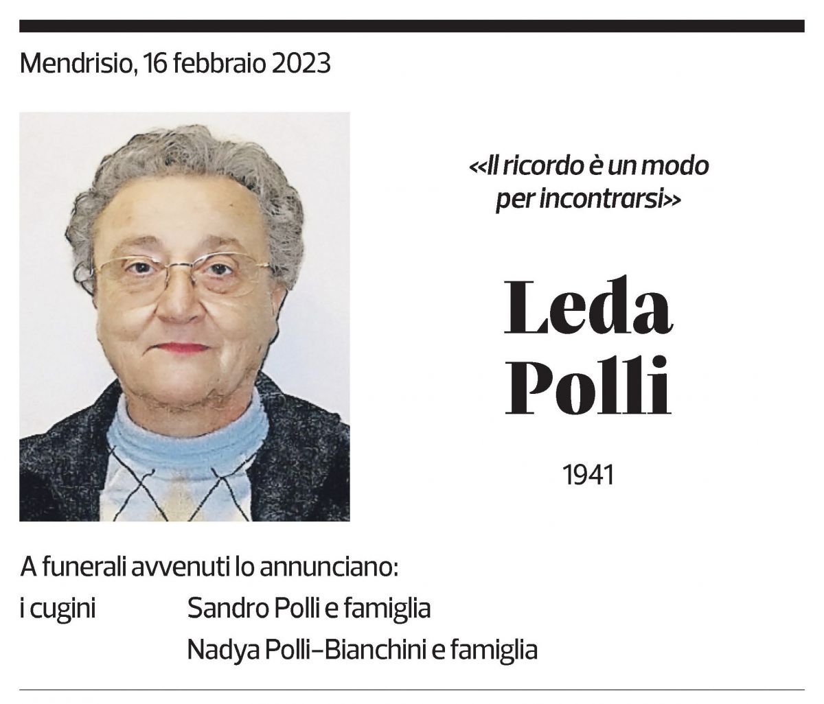 Annuncio funebre Leda Polli