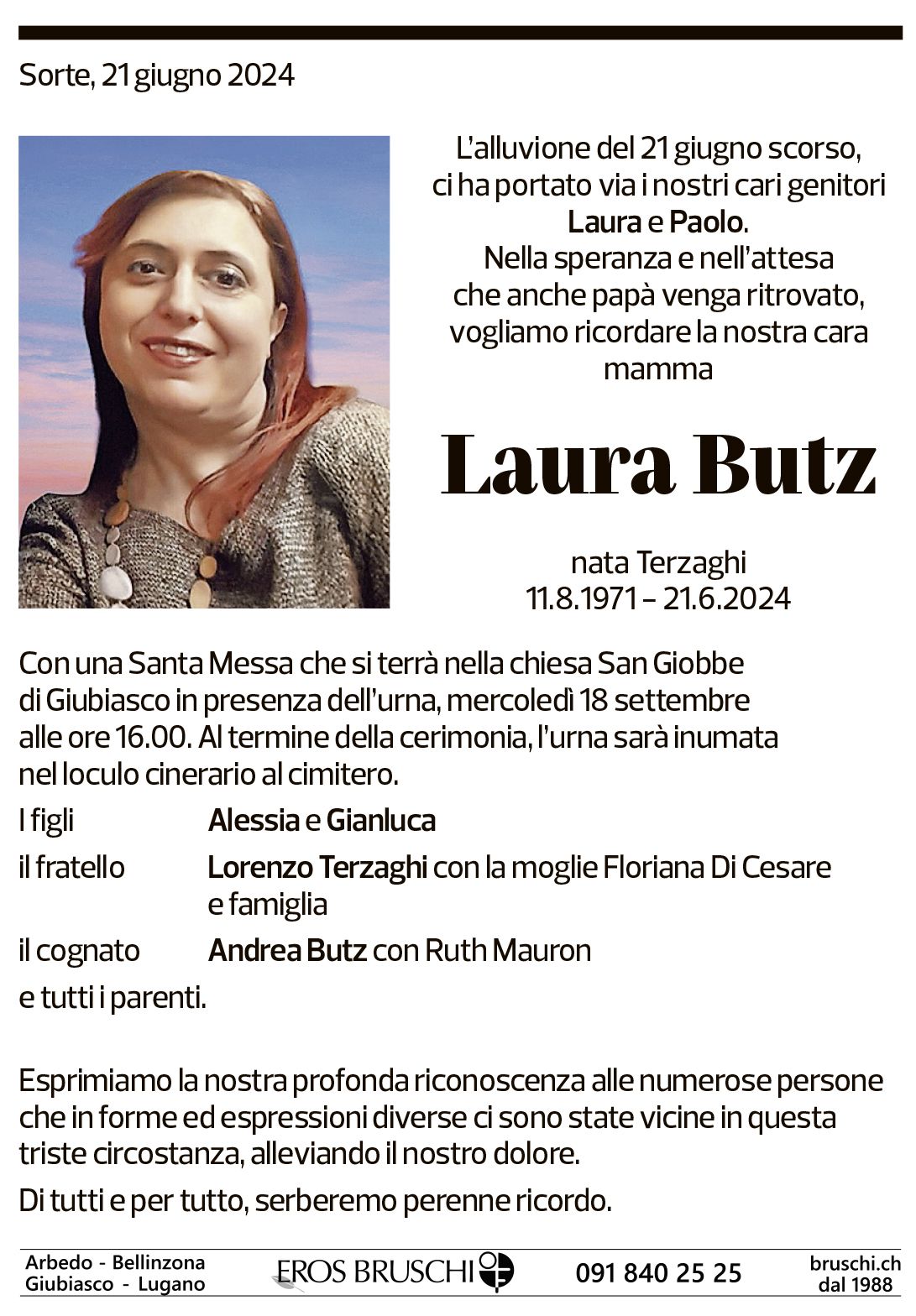 Annuncio funebre Laura Butz