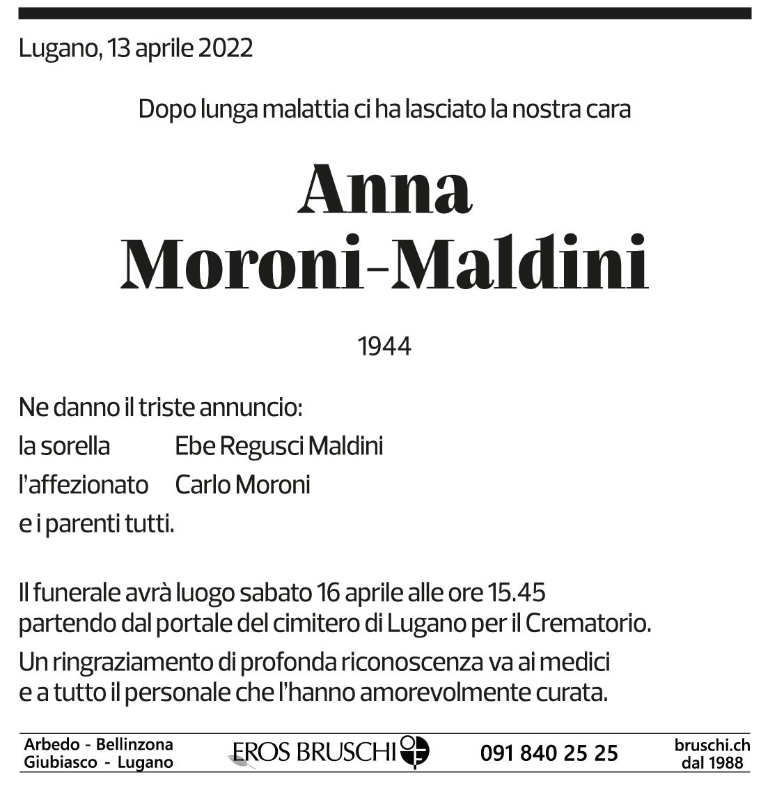 Annuncio funebre Anna Moroni-maldini