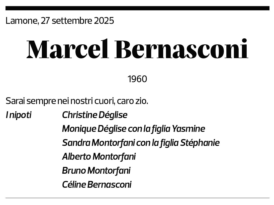 Annuncio funebre Marcel Bernasconi