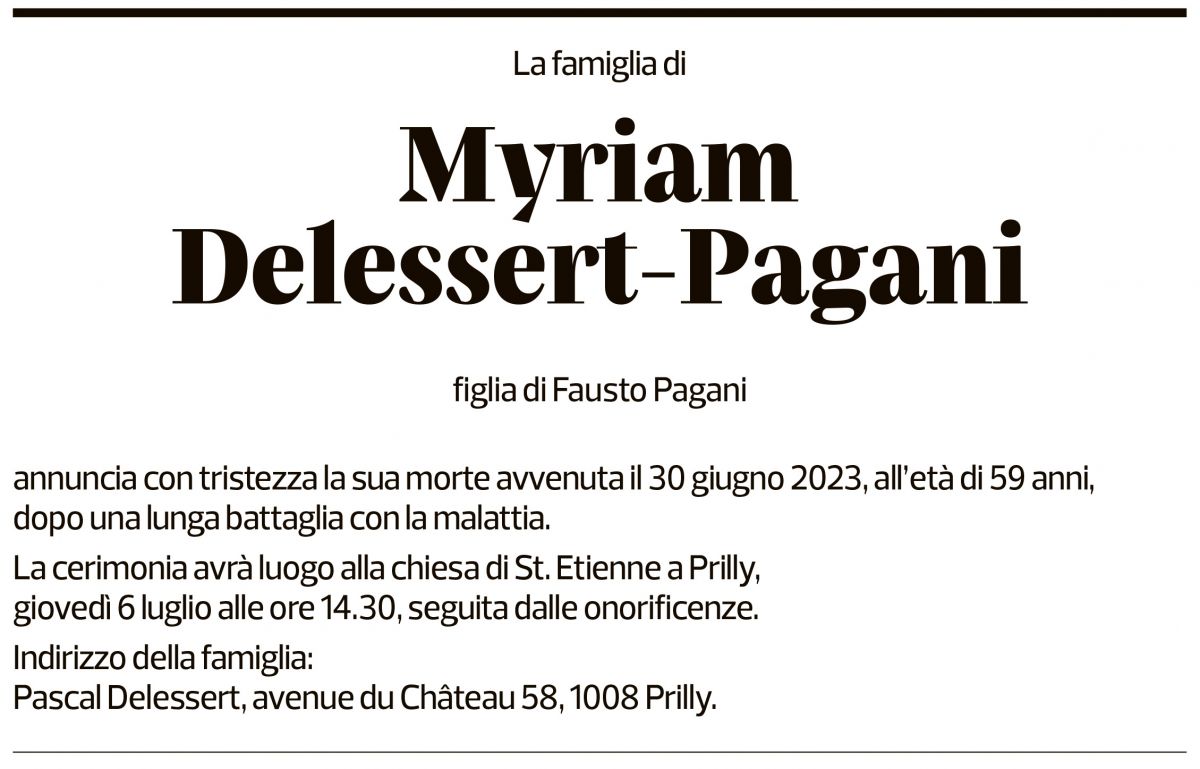 Annuncio funebre Myriam Delessert-pagani