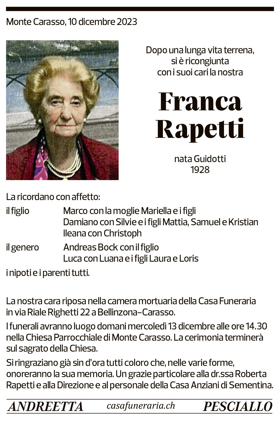 Annuncio funebre Franca Rapetti