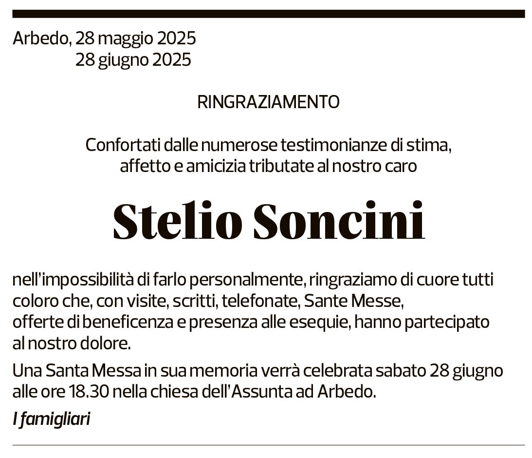 Annuncio funebre Stelio Soncini