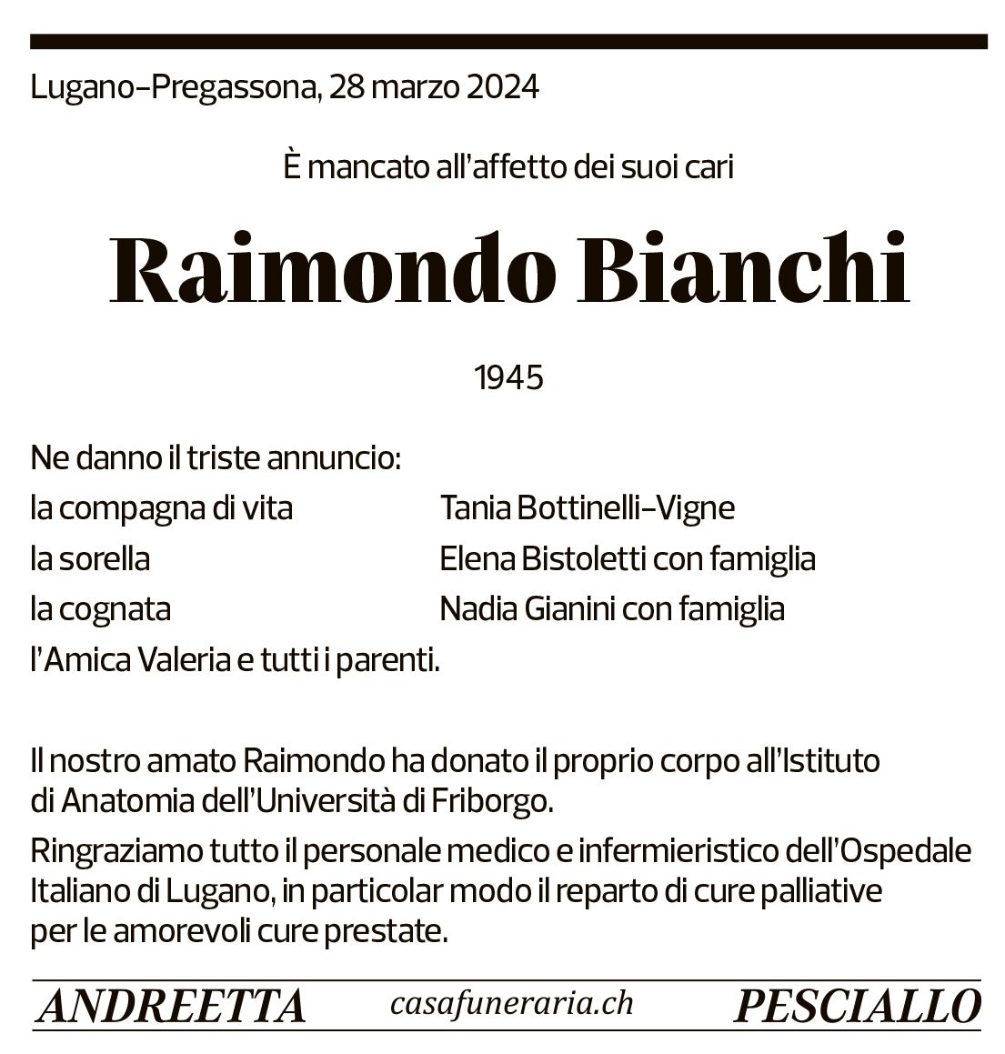 Annuncio funebre Raimondo Bianchi