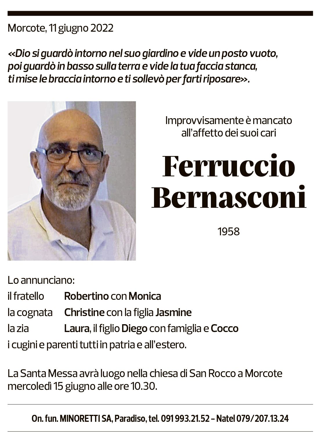 Annuncio funebre Ferruccio Bernasconi