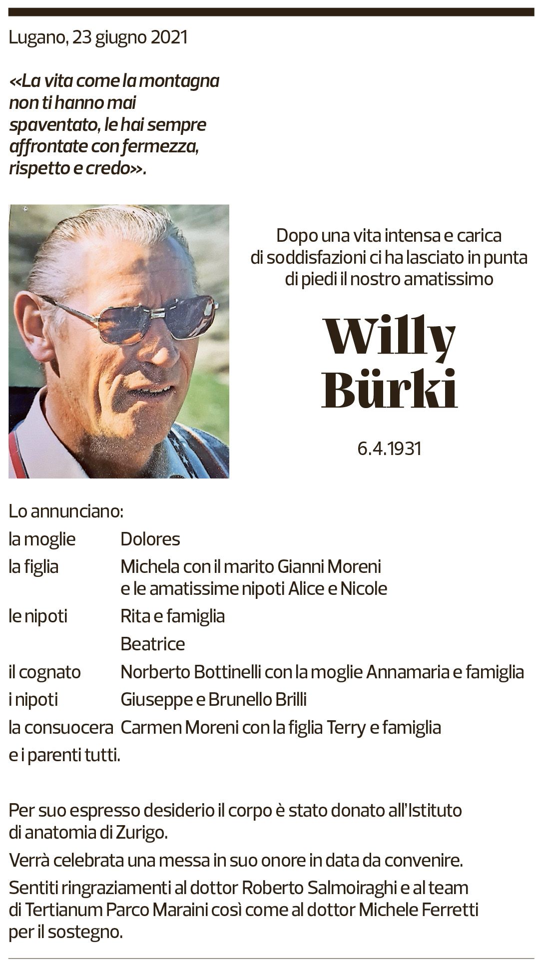 Annuncio funebre Willy Bürki