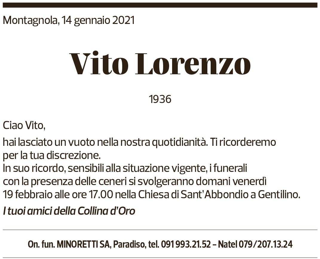 Annuncio funebre Vito Lorenzo