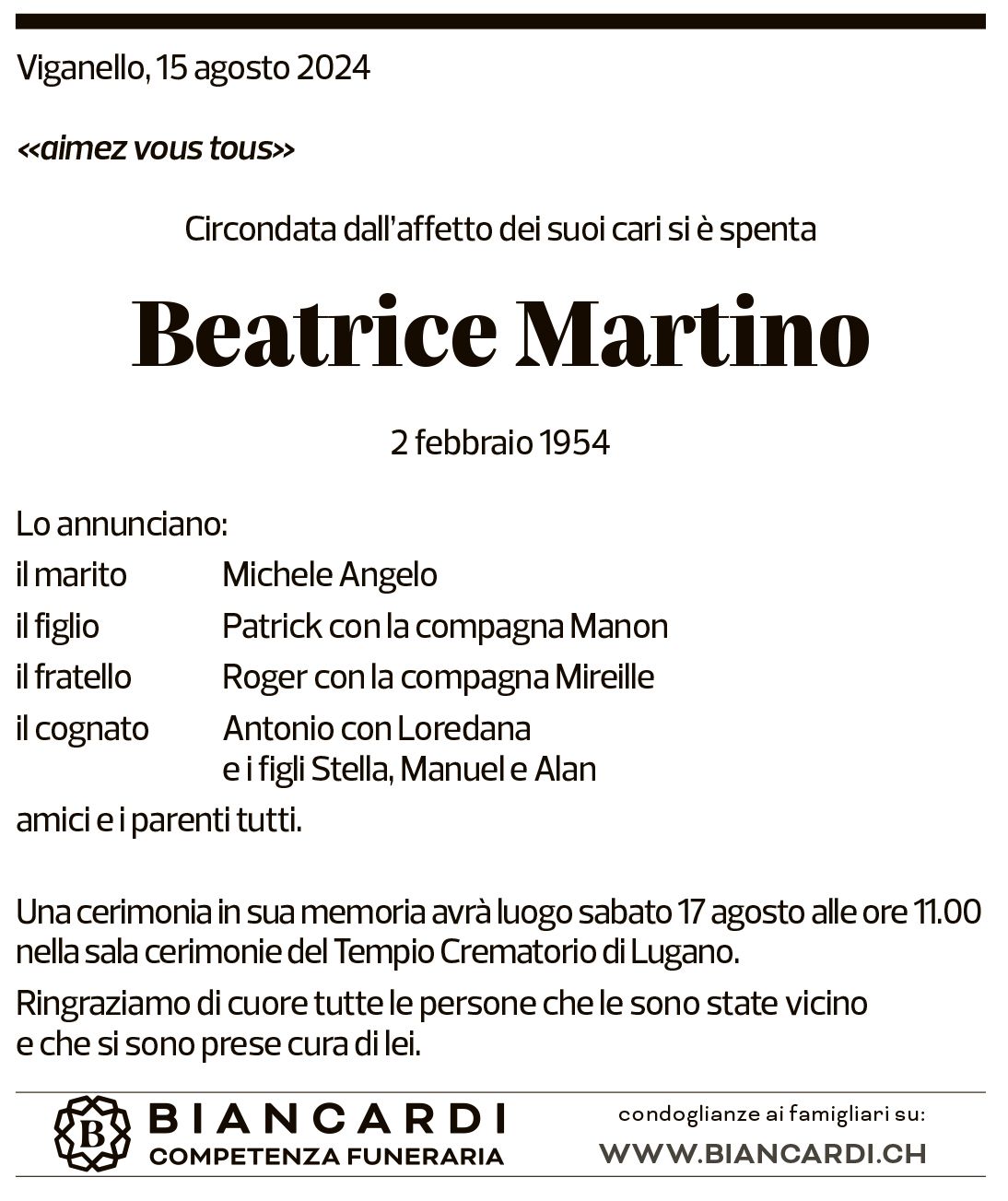 Annuncio funebre Beatrice Martinoli