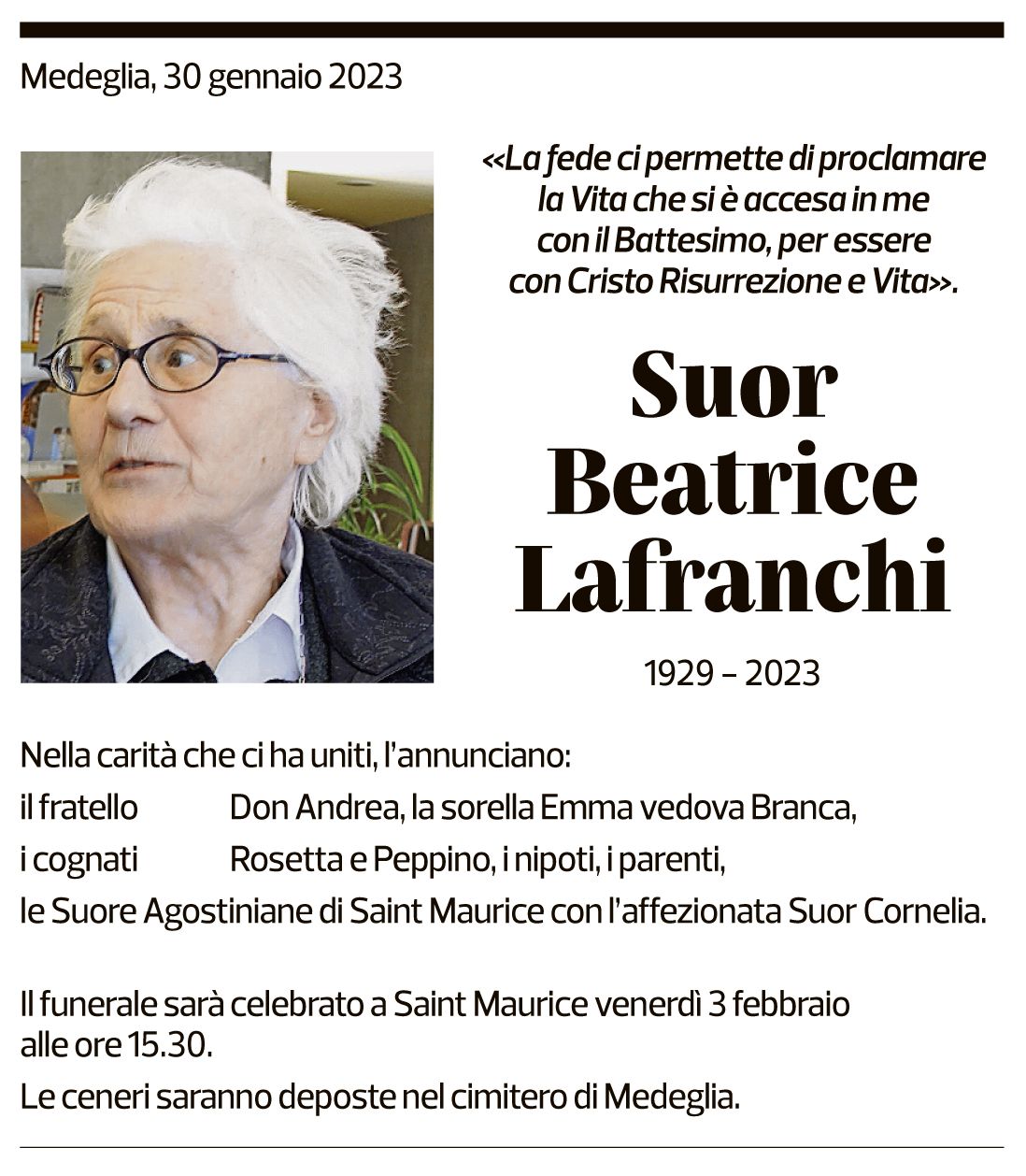 Annuncio funebre Suor Beatrice Lanfranchi