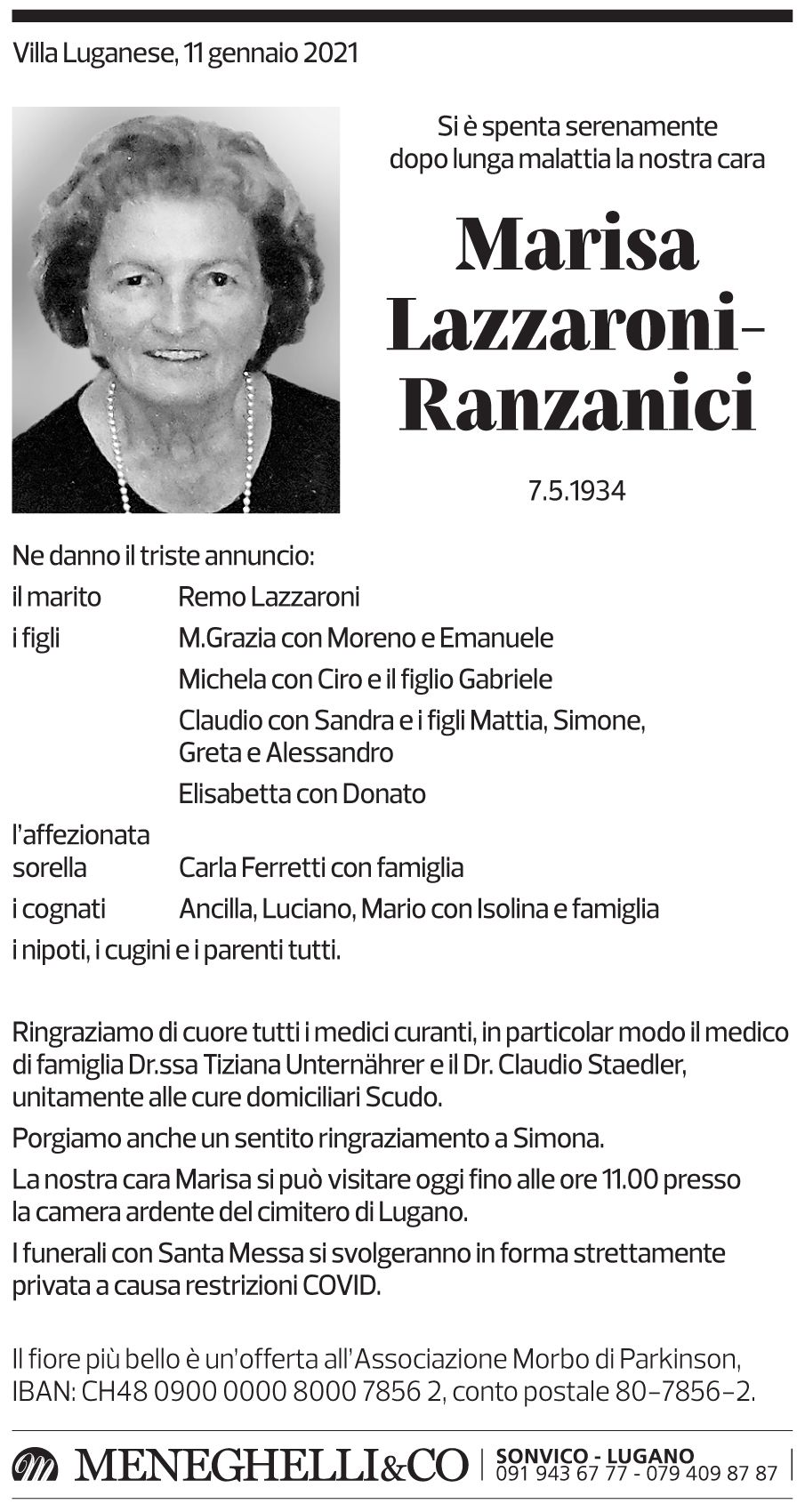 Annuncio funebre Marisa Lazzaroni-ranzanici