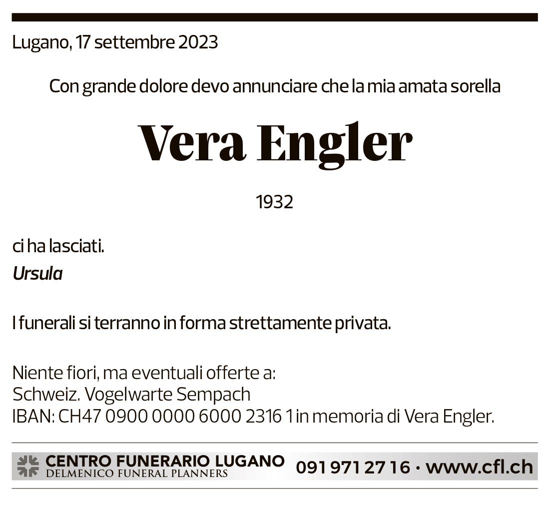 Annuncio funebre Vera Engler