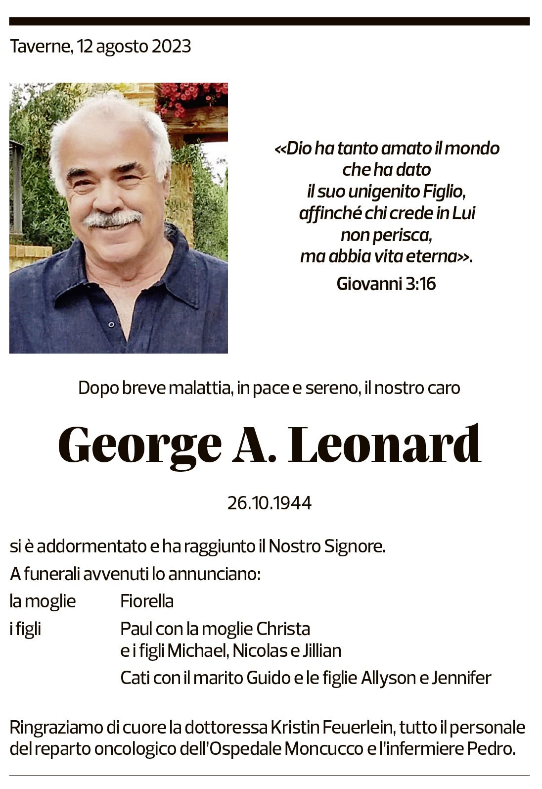 Annuncio funebre George Leonard