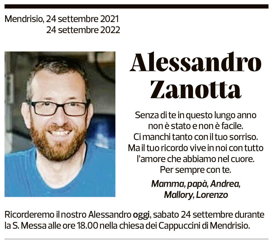 Annuncio funebre Alessandro Zanotta