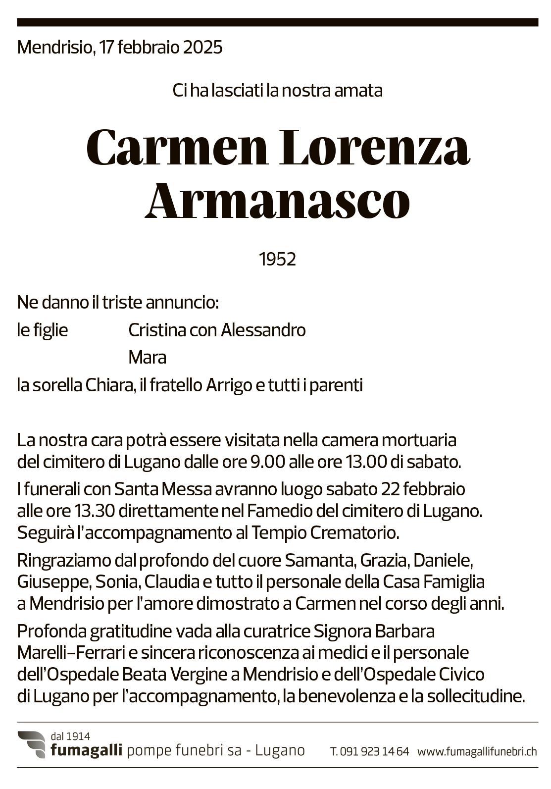 Annuncio funebre Carmen Lorenza Armanesco