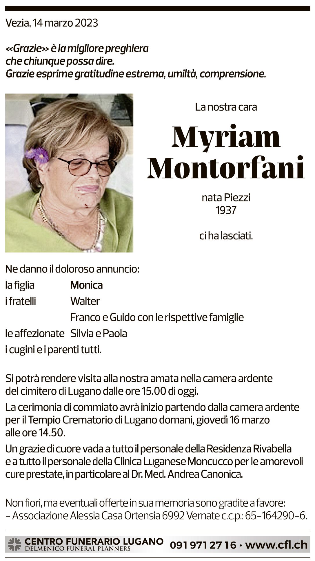 Annuncio funebre Myriam Montorfani