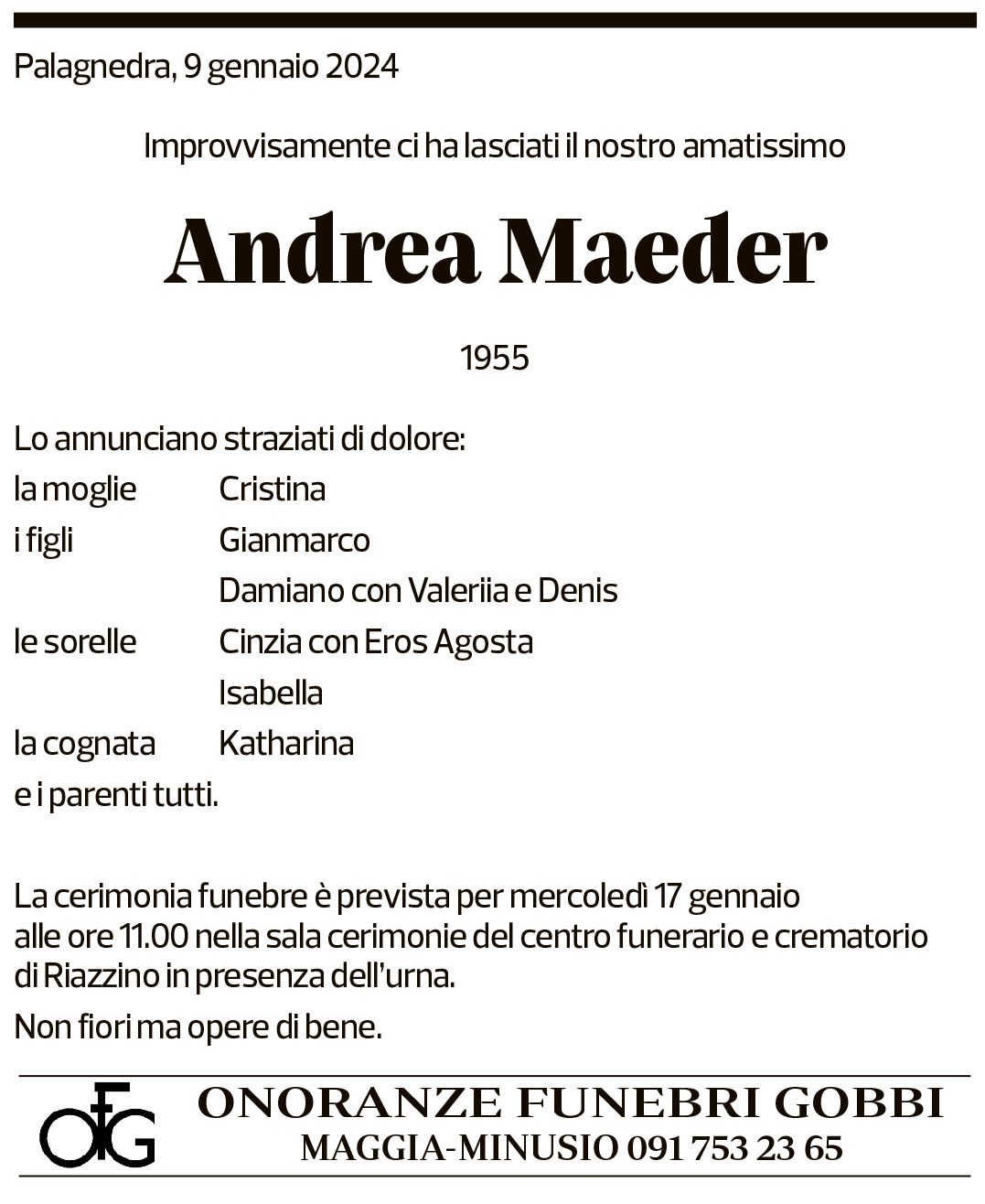 Annuncio funebre Andrea Maeder