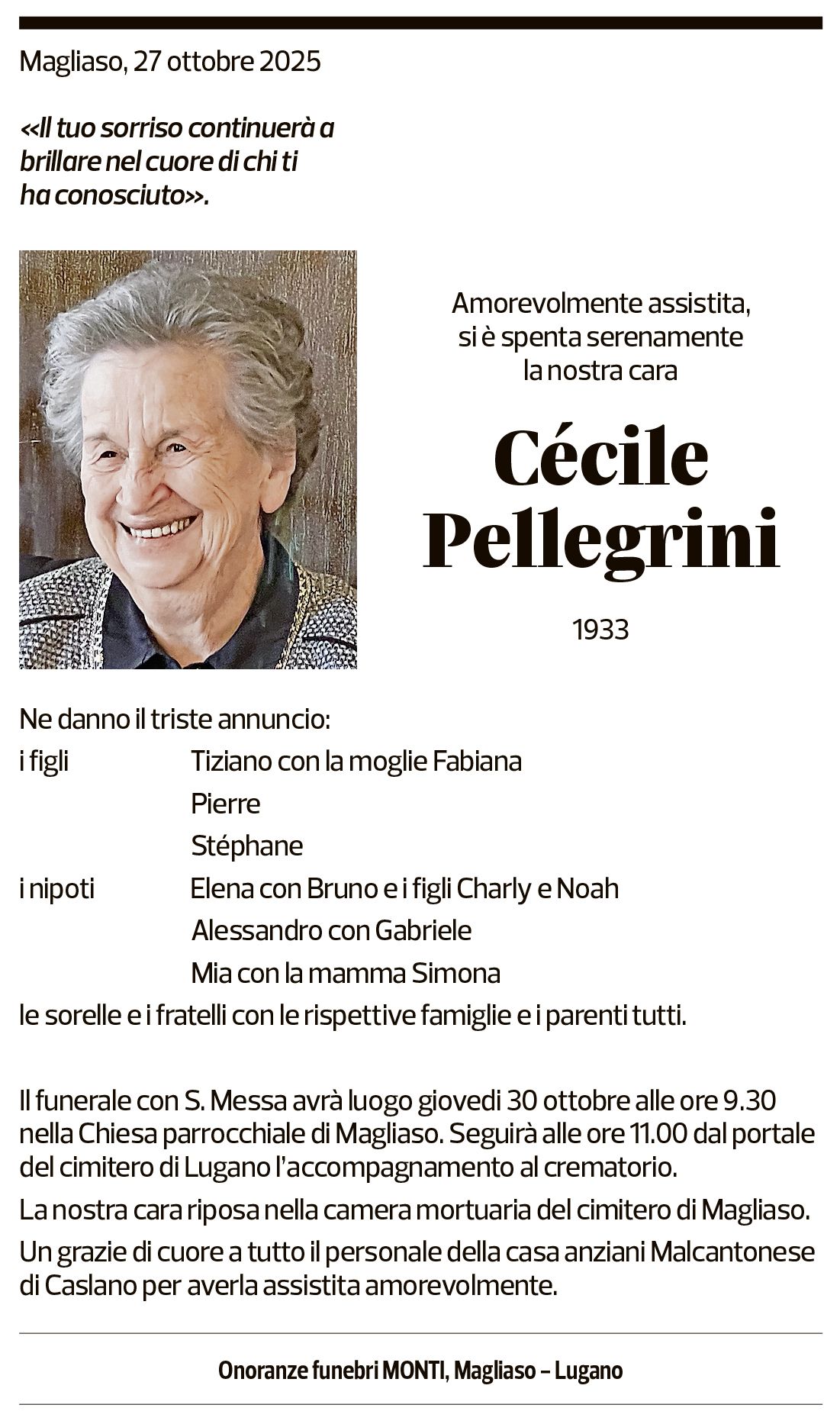 Annuncio funebre Cécile Pellegrini