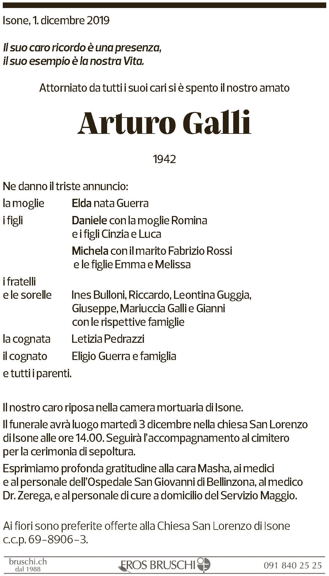 Annuncio funebre Arturo Galli