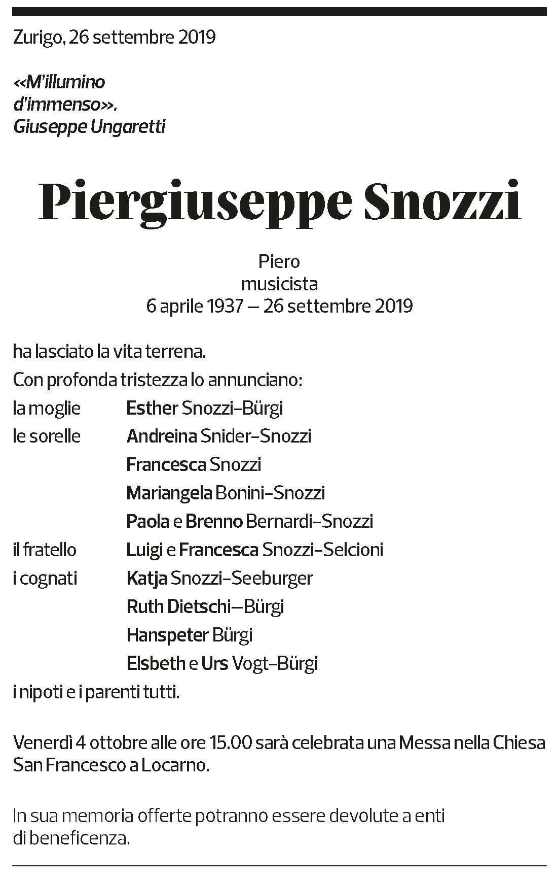 Annuncio funebre Piergiuseppe Snozzi