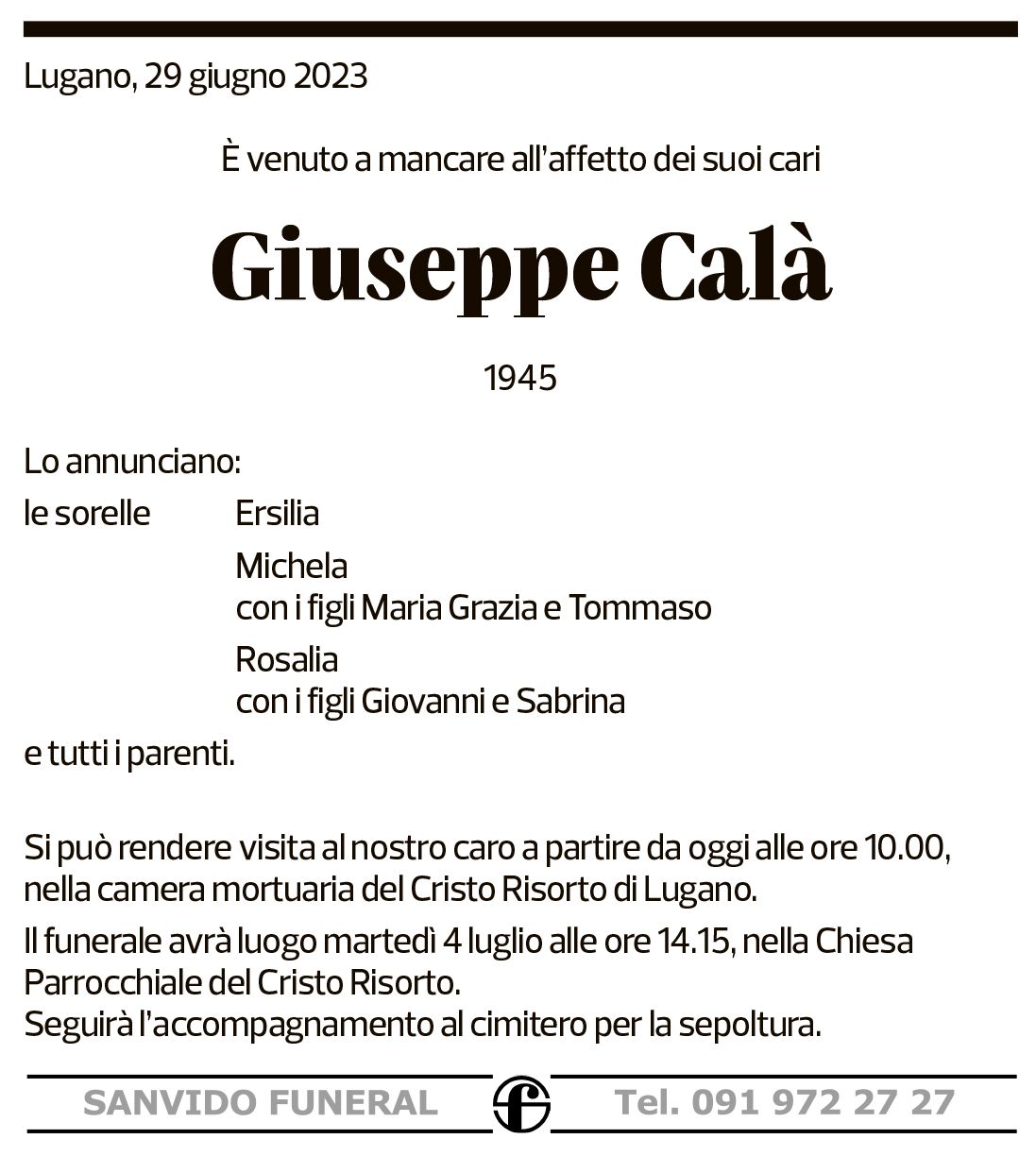 Annuncio funebre Giuseppe Calà