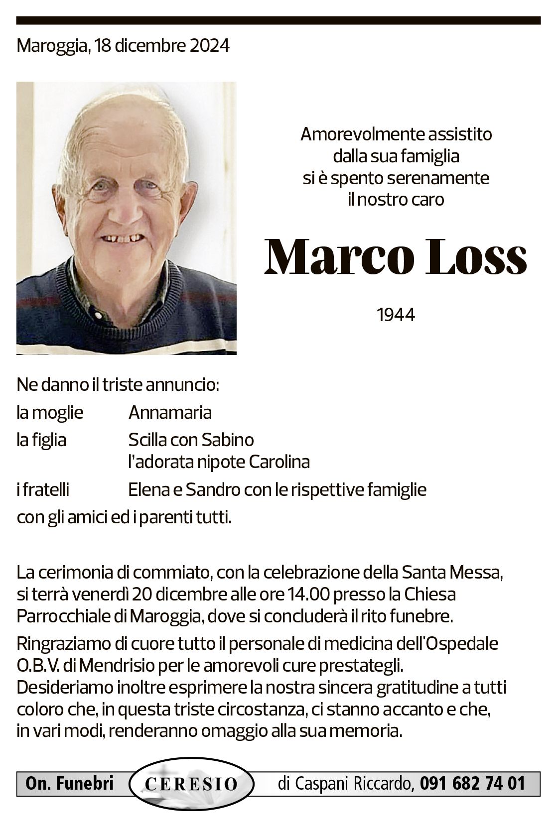 Annuncio funebre Marco Loss